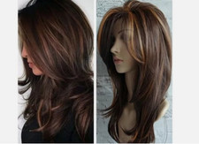 Women Dark Brown w/Gold Highlight Ombre Shoulder Length Curly Hair Wig- 