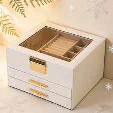 Jewelry Box Organizer with Glass Lid, 3-Layer Jewelry Storage with 2 Drawers