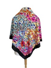 VTG Floral Square Scarf Bright Multicolor Abstract Flower Print Black Border A9