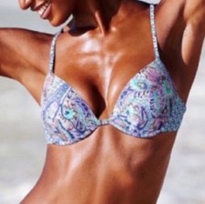 VICTORIA'S SECRET FABULOUS Push Up Blue Green White TASSEL BIKINI Swim TOP 34DD