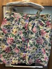 VINTAGE Floral Cotton Denim Skirt Multicolor Button Front Pockets