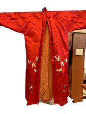 Vintage Silk Chinese Hand Embroidered Kimono Robe Flower Birds Crane Stork