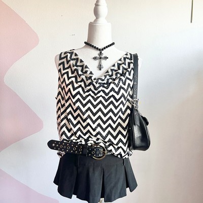 Black White Chevron Tank Top, Sequins Retro Glam Indie Sleaze Bold Medium