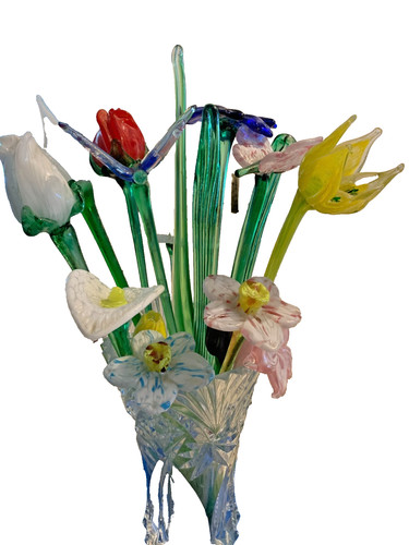 Vintage Royal Gallery Hand Blown Glass Flowers(7) and Dragonflies(2)