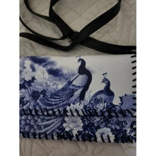 Blue and White Porcelain Peacock Clutch Purse With Sholder Strap