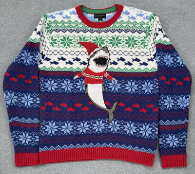 Men s Ugly Christmas Sweater Shark Santa Fish Knit Large Blizzard Bay