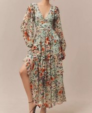 BHLDN Floral Chiffon Plunge Long Sleeve Ruffle Maxi Dress Womens M Cottagecore