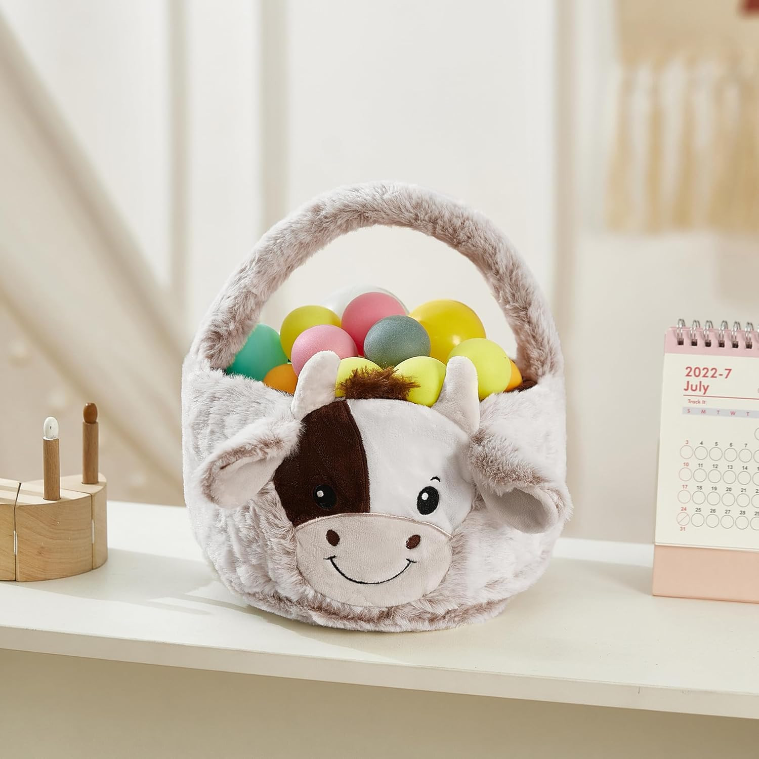 Easter Plush Cow Basket with Furry Storage for Eggs and Candy