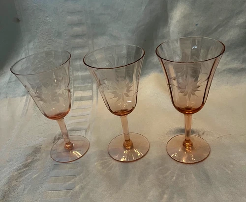 Antique Pink Depression Glass EtchedWine Glasses, etched floral design, set of 3