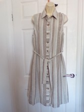 TU linen rich button up belted stripe collared dress summer size 12 beige/cream
