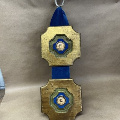 Vintage MCM Gold & Blue Velvet Roman Style Double Wall Plaque Hanging
