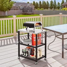 Outdoor Grill Cart on Wheels Pizza Oven Stand Trolley Stainless Steel Top 3-tier