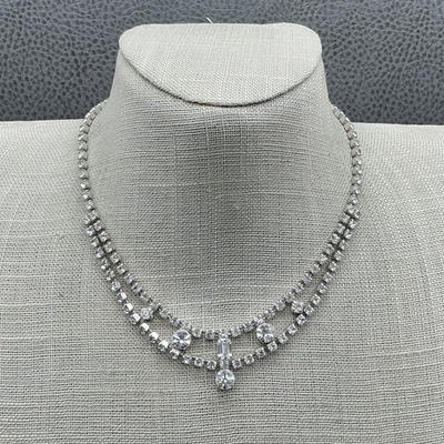 #ad Vintage Kramer Rhinestone Necklace Silver Tone Double Strand Statement 14 Inch $17.49