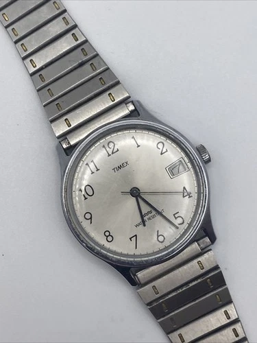 Vintage Timex Watch Manual Wind Mens 34mm Silver Water Resistant Date Steel Band