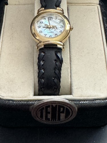 Tempi Equestrian Watch Woman Horseshoe Case MOP Look Dial Black Leather ~8” SEE - Picture 9 of 14