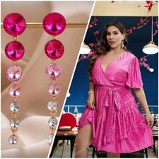 Elegant Pink Wrap Dress & Chandelier Earrings