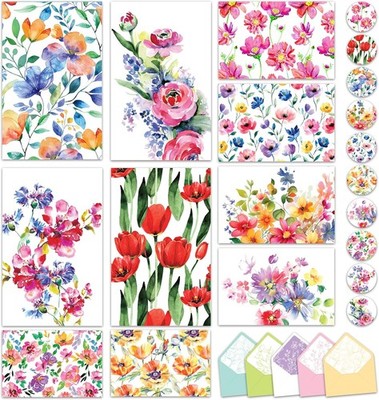 Decorably 50 Pack 6x4in Flower Note Cards 4 inches by 6 inches, Multicolored 