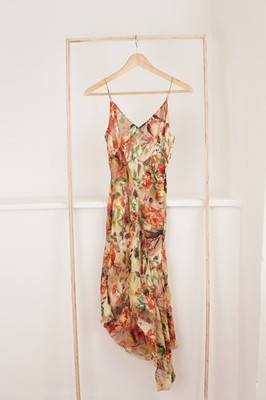 Vintage Mango 100% Seide Blumen Schlupfkleid drapierter Ausschnitt Midi asymmetrisch M
