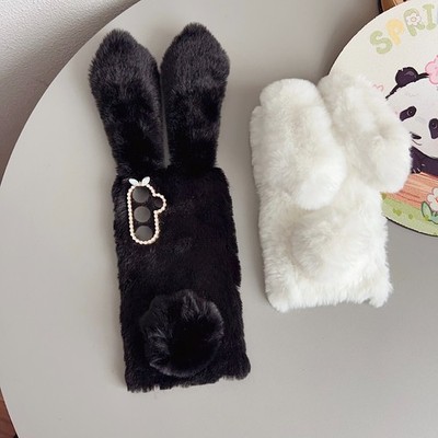 For Samsung Galaxy S25 FE/S24 Long Ear fuzzy Fluffy Rabbit Fur Ball Soft TPU