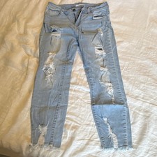 Cello Women's Skinny Light Blue Denim Jeans Distressed Frayed Hem Light Wash