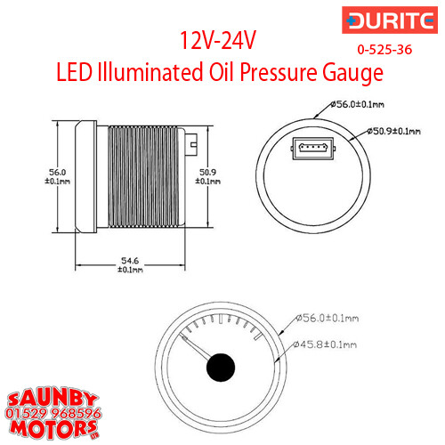 Durite 0-525-36 LED Marine Oil Pressure Gauge Scale 12/24V With sender unit