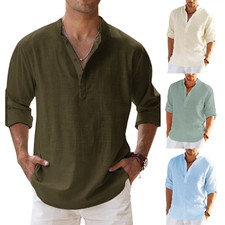 Hot Men Casual Shirt Long Sleeve Cotton Linen Beach T Shirt Lightweight New