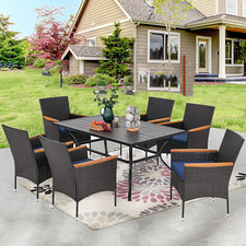 Outdoor Dining Set Rectangular Table Rattan Wicker Set Patio Chairs w/Cushion