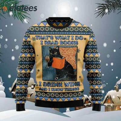 Black Cat Read Books Drink Wine Know Things Ugly Christmas Sweater Fun Book & Ca