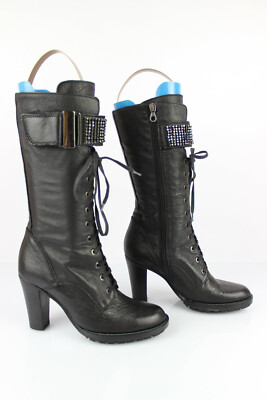 TORRENTE Italy Mi Bottes Lacets Cuir Noir et Strass T 36 Excellent