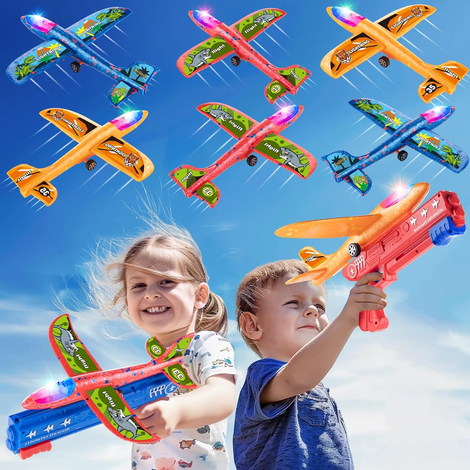 6 Pack LED Airplane Launcher Toys with 2 Launchers, 2 Flight Mode Glider Catapul