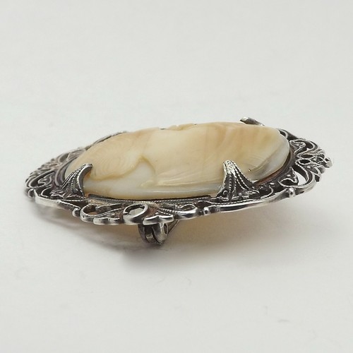 Spilla cammeo flora conchiglia intagliata marcasite argento sterling art deco  - Foto 2 di 6
