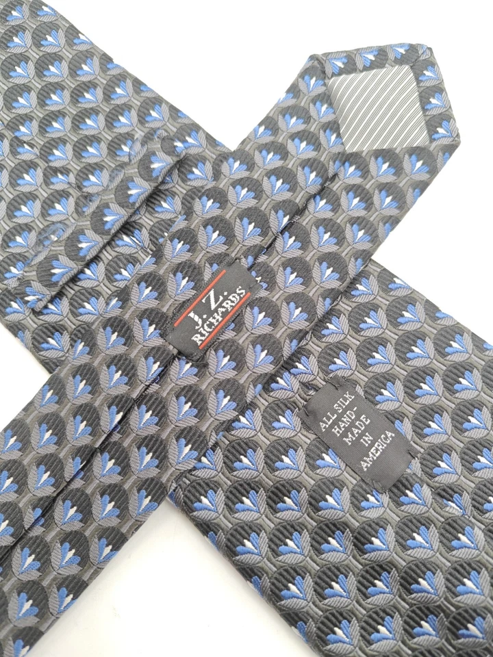🇺🇲 Corbata de Seda JZ Richards Para Hombres Gris Azul Floral Hecha en EE. UU. 59x3 5/8  Foto 2 de 4