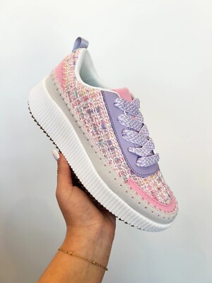 New Women's Multi-Color Lace-Up Knit Woven Tweed Casual Platform Fashion Sneaker