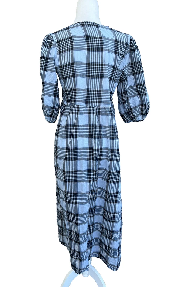 Zara Plaid maxi cotton plaid cottage v-neck dress 3/4sleeve size XS A000257 - Image 4 of 4