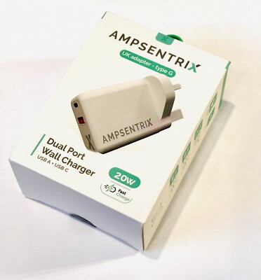 NEU Quality Ampsentrix UK Dual Ladegerät Typ G, 2 Ports USB A, USB C, 20W, Quick