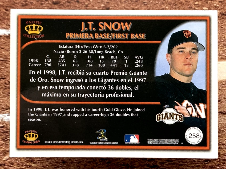 1999 Pacific Crown Collection J.T. Snow #258 - Image 2 of 2