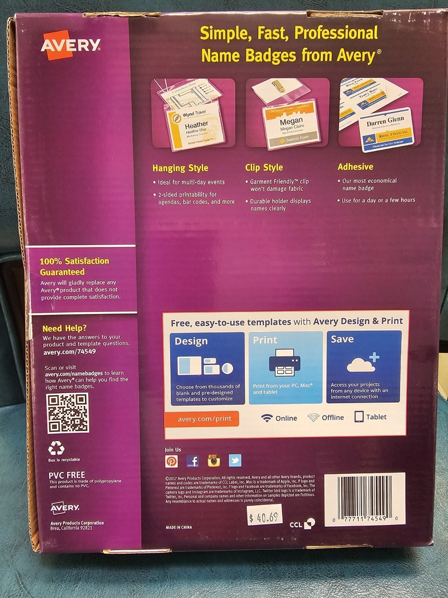 NEW Avery 74549 Pin Style Name Badges 2.25
