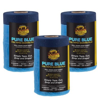 22'' x 65' Pure Blue Pre-Taped Masking Film, (3 Pack) Painters Plastic Roll (0...