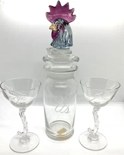 VINTAGE Heisey Glass Cocktail Shaker w/Colored Rooster Stopper & Chanticleer Set