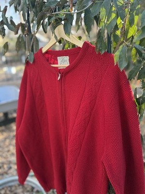 Rare Vintage 1950 s Alps 100% Virgin Wool Red Knit Zip up Cardigan 22x26