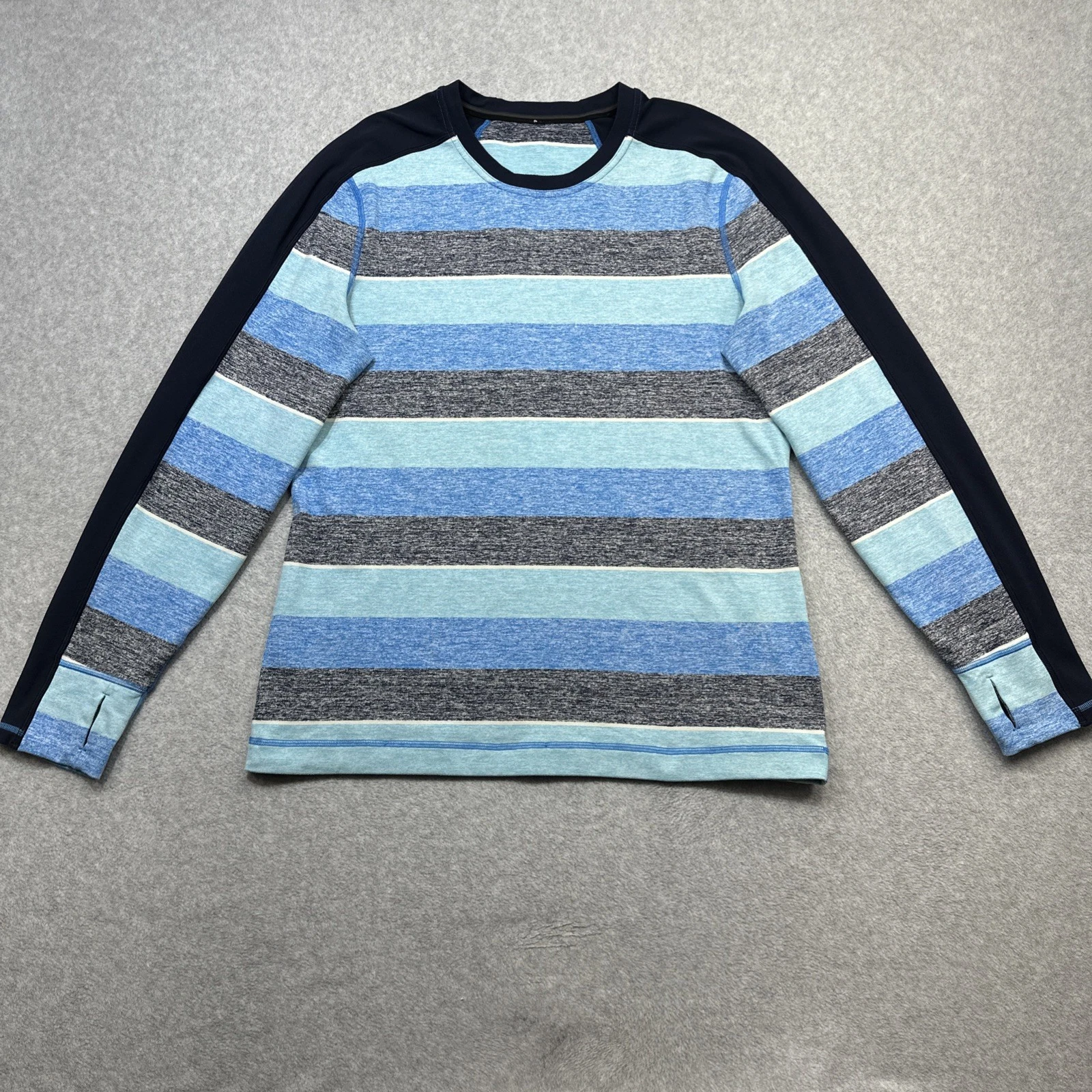 Lululemon Velocity Long Sleeve Shirt Blue Stripe Rulu Mesh Thumbholes Pocket