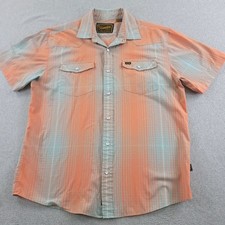 Howler Brothers Shirt Mens Medium Orange Teal Plaid Western Pearl Snap Short Slv
