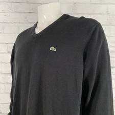 Lacoste Sweater Men's XL V-Neck Long Sleeve Sweatshirt Logo Black Stretch