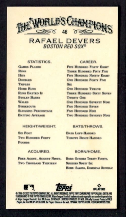 2022 Topps Allen & Ginter Chrome Mini Rafael Devers #46 - Image 2 of 2