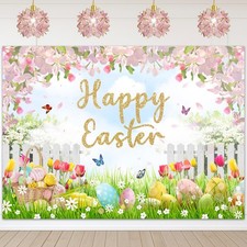 Happy Easter Day Backdrop Easter Colorful Eggs Background Floral Spring Easter..