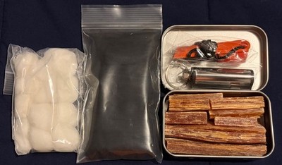 Survival Fire Starting Kit - tin of fatwood,  striker, char cloth & more 