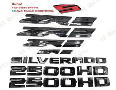 OVERLAY 7pcs Gloss Black Fender Rear Grille ZR2 2500HD Silverado Emblems 2024+