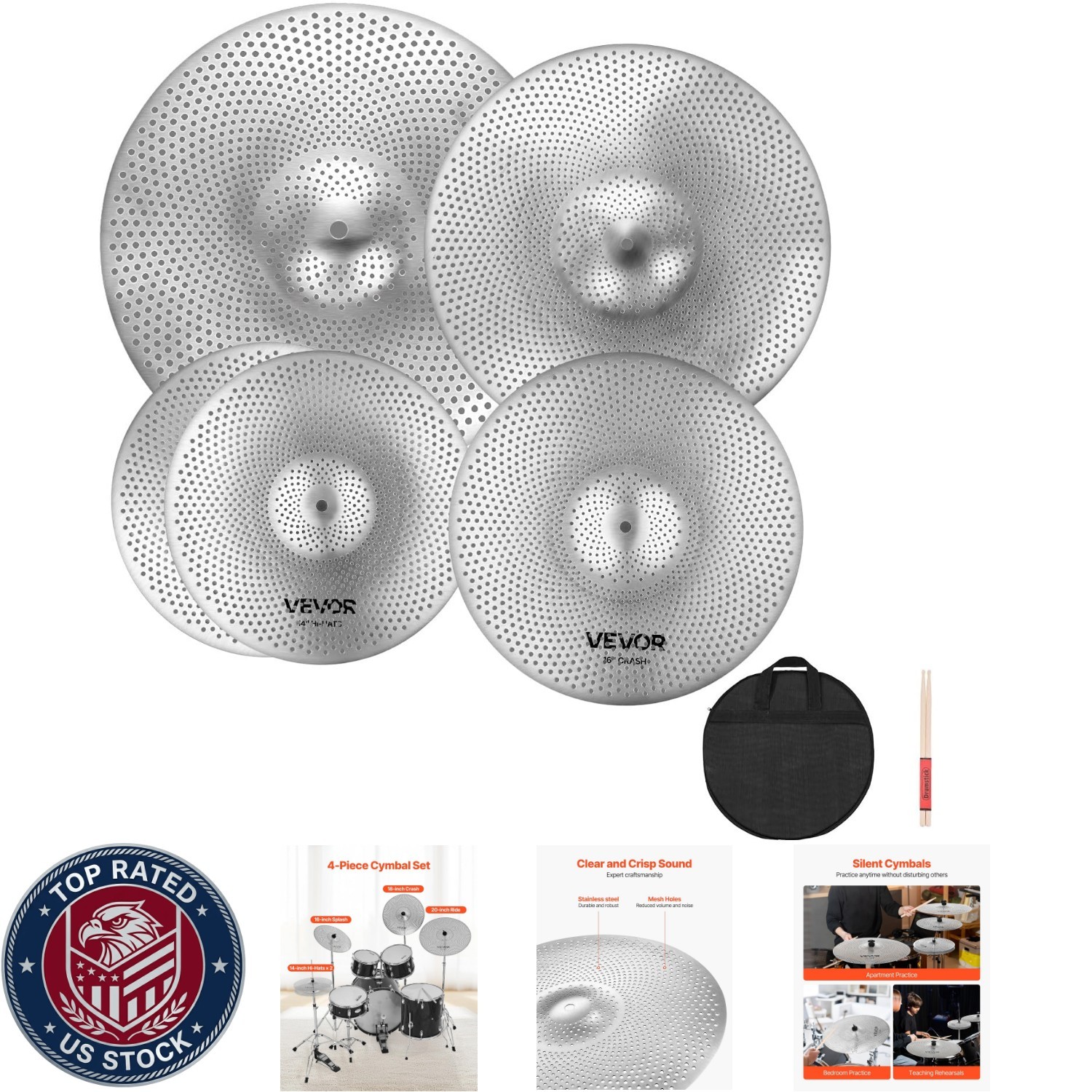 Low Volume Cymbal Pack, 5Pcs Quiet Cymbals For Drum Set, 14'' Hi-Hats, 16''