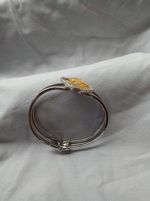 Vintage Style Open Cuff Bracelet Faceted Yellow Citrine Stone with Heart Detail