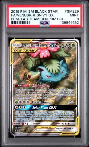2019 POKEMON SM BLACK STAR PROMO #SM229 FULL ART/VENUSAUR & SNIVY GX PSA 9